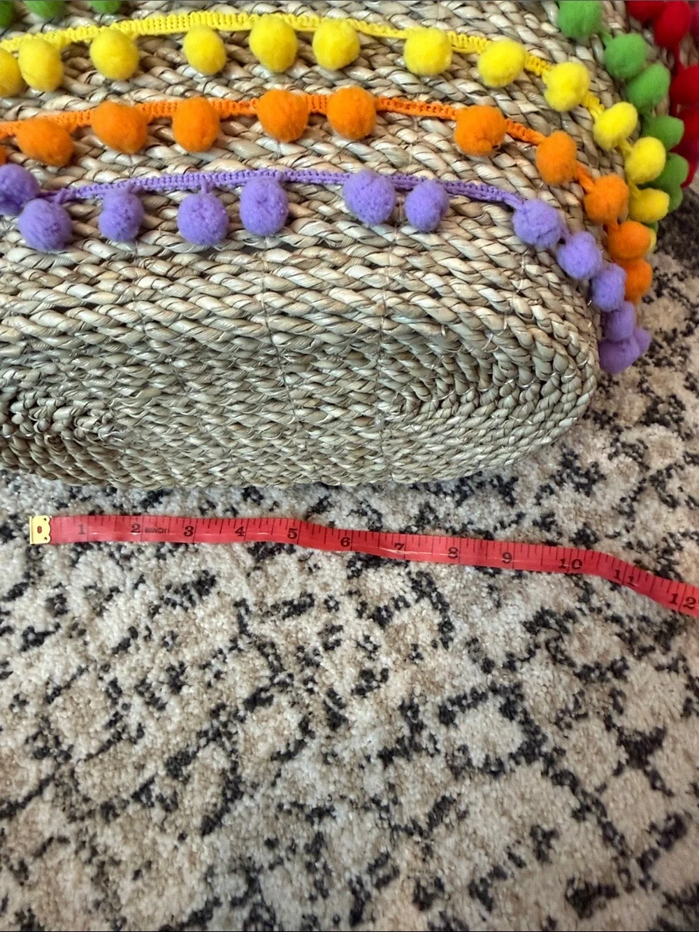 Mystique Straw Tote with Natural Weave and Rainbow Pom Pom Trim